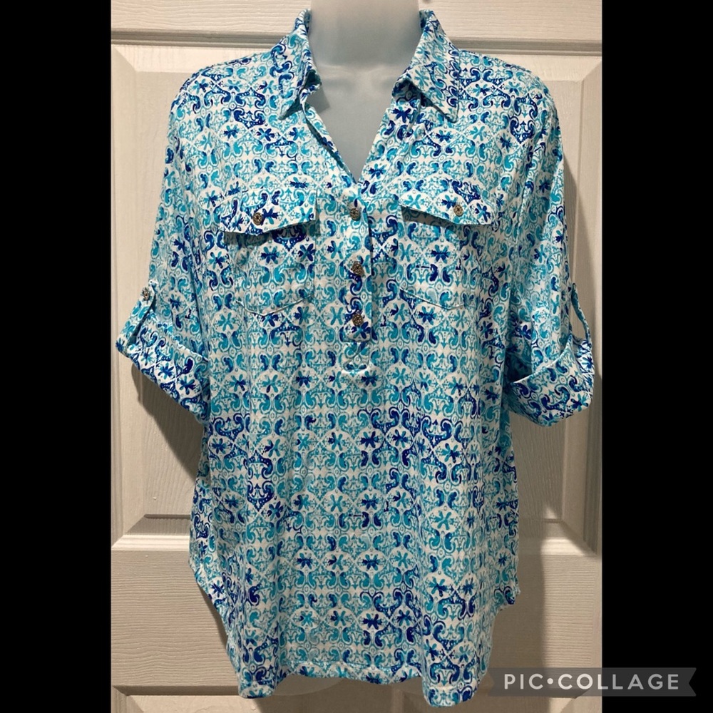 {SALE} Cathy Daniels 3/4 sleeve blue pattern top -XL-